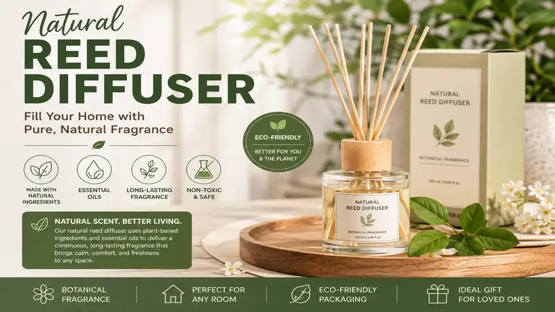Natural reed diffuser with botanical fragrance oils creating a fresh and relaxing home atmosphere