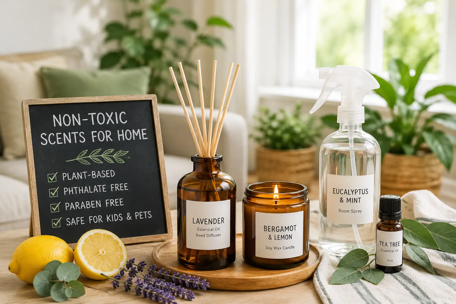Non toxic scents for home featuring lavender, eucalyptus, lemon, and plant-based fragrance products in a bright living room.