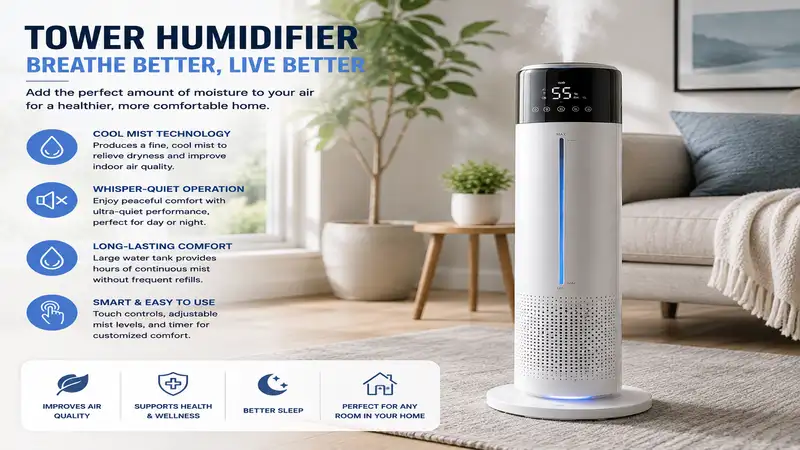 Tower humidifier providing cool mist to improve indoor air quality and home comfort