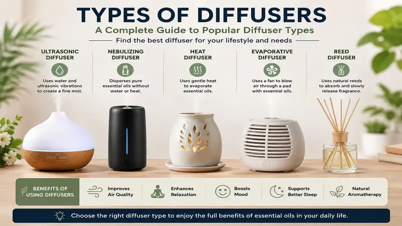 Types of diffusers guide showing ultrasonic, nebulizing, heat, evaporative, and reed diffuser options