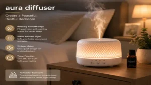 Aura diffuser placed on a bedroom table for a soothing scented environment