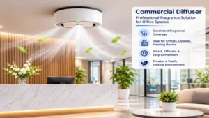 Commercial diffuser operating in a professional office reception area to create a fresh and welcoming environment.