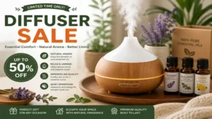 diffuser sale showing an aroma diffuser alongside essential oil bottles for home fragrance