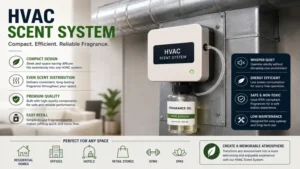 Compact hvac scent system diffuser unit designed for whole-home fragrance distribution.