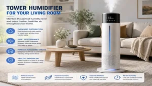 Tower humidifier operating quietly in a modern living room to maintain healthy humidity levels