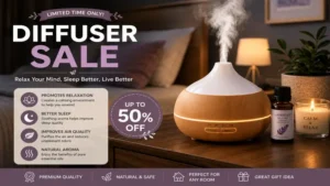 diffuser sale featuring an essential oil diffuser creating a calming bedroom environment