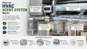 Diagram showing how an hvac scent system disperses fragrance evenly through air vents.