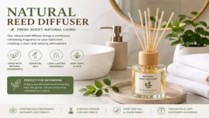 Natural reed diffuser providing continuous fragrance in a clean and elegant bathroom