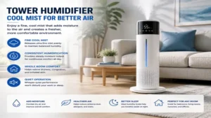 Tower humidifier releasing a fine cool mist for consistent whole-room humidification