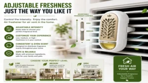 Air freshener for air vent in the home featuring adjustable fragrance intensity for personalized freshness