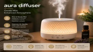 Aura diffuser releasing a gentle mist to enhance the indoor atmosphere