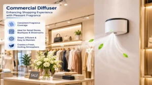 Wall-mounted commercial diffuser improving the shopping atmosphere inside a modern retail store.