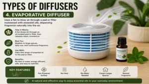 Types of diffusers featuring an evaporative diffuser that uses airflow to disperse essential oil fragrance