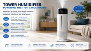 Tower humidifier designed for large rooms with powerful mist output and long-lasting performance