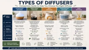 Types of diffusers comparison showing ultrasonic, nebulizing, heat, evaporative, and reed diffuser features