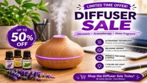diffuser sale highlighting an ultrasonic diffuser producing a gentle aromatic mist