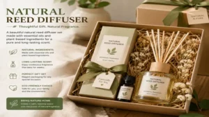 Natural reed diffuser gift set featuring premium fragrance oils and decorative reeds