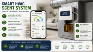 Smart hvac scent system with adjustable fragrance intensity and programmable scheduling.