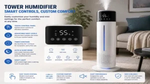 Tower humidifier with touch controls, adjustable mist settings, and an easy-to-use digital display