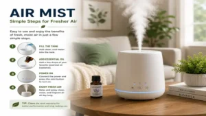 air mist generated by a humidifier to add moisture and comfort to dry indoor air