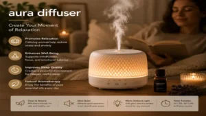 Aura diffuser creating a peaceful setting for relaxation and self-care
