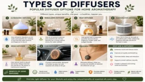 Types of diffusers for home aromatherapy including ultrasonic, nebulizing, heat, evaporative, reed, car, and personal options