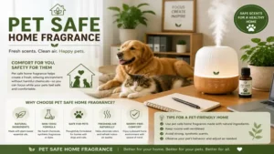Pet safe home fragrance used in a home office with pets resting nearby in a well-ventilated space.