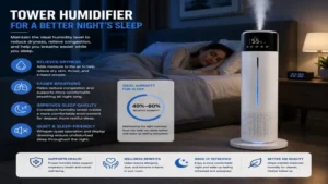 Tower humidifier featuring quiet night mode for restful sleep and continuous moisture