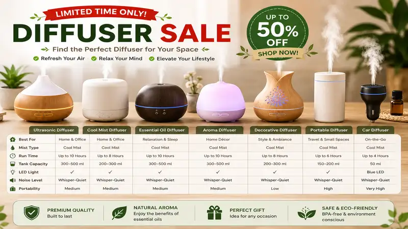diffuser sale comparison showing different diffuser styles and features for choosing the right home aromatherapy option
