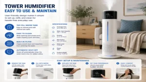 Tower humidifier enhancing home comfort with clean mist technology and balanced indoor humidity