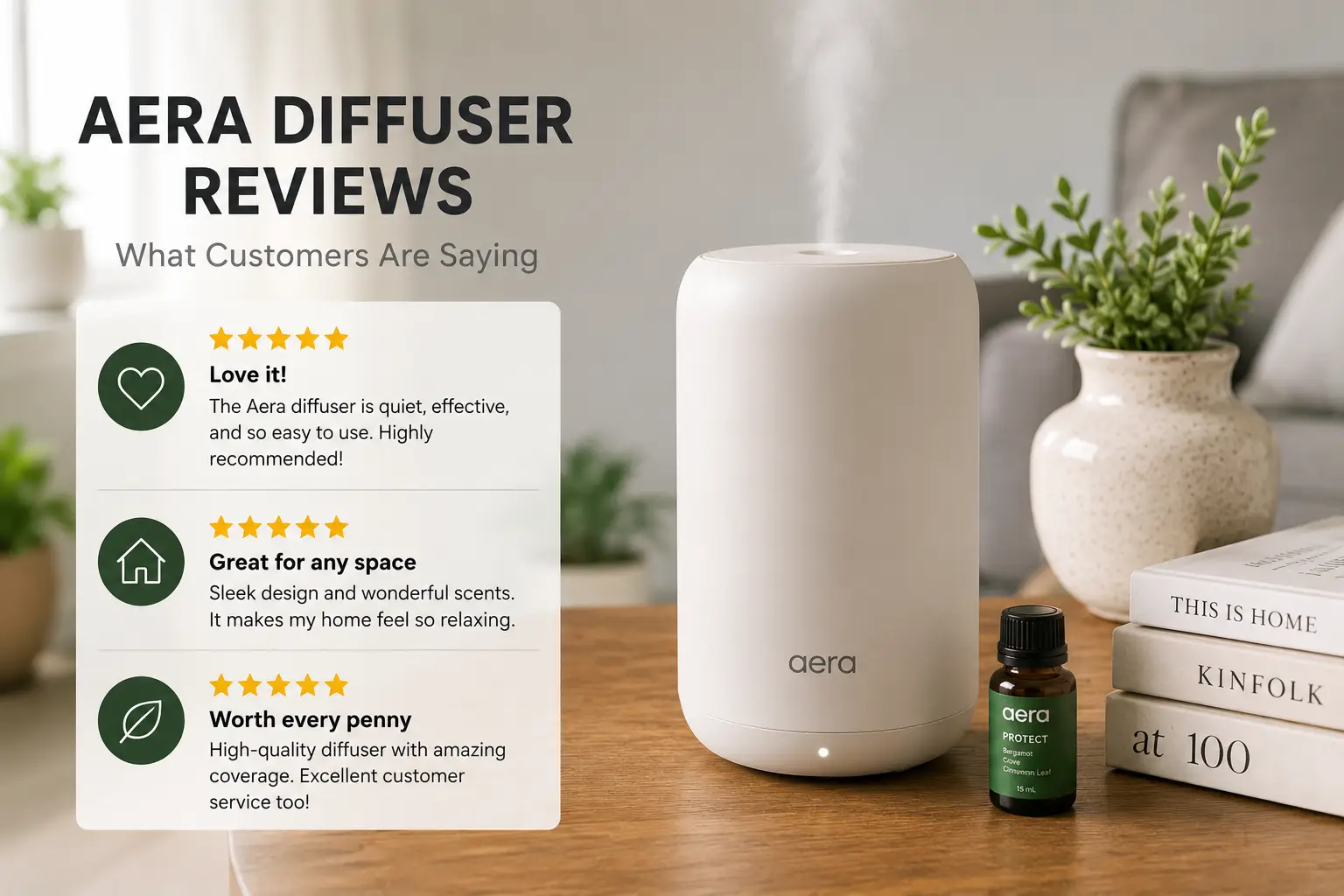 Aera diffuser displayed in a modern home setting with review ratings highlighting its design, scent, and performance.