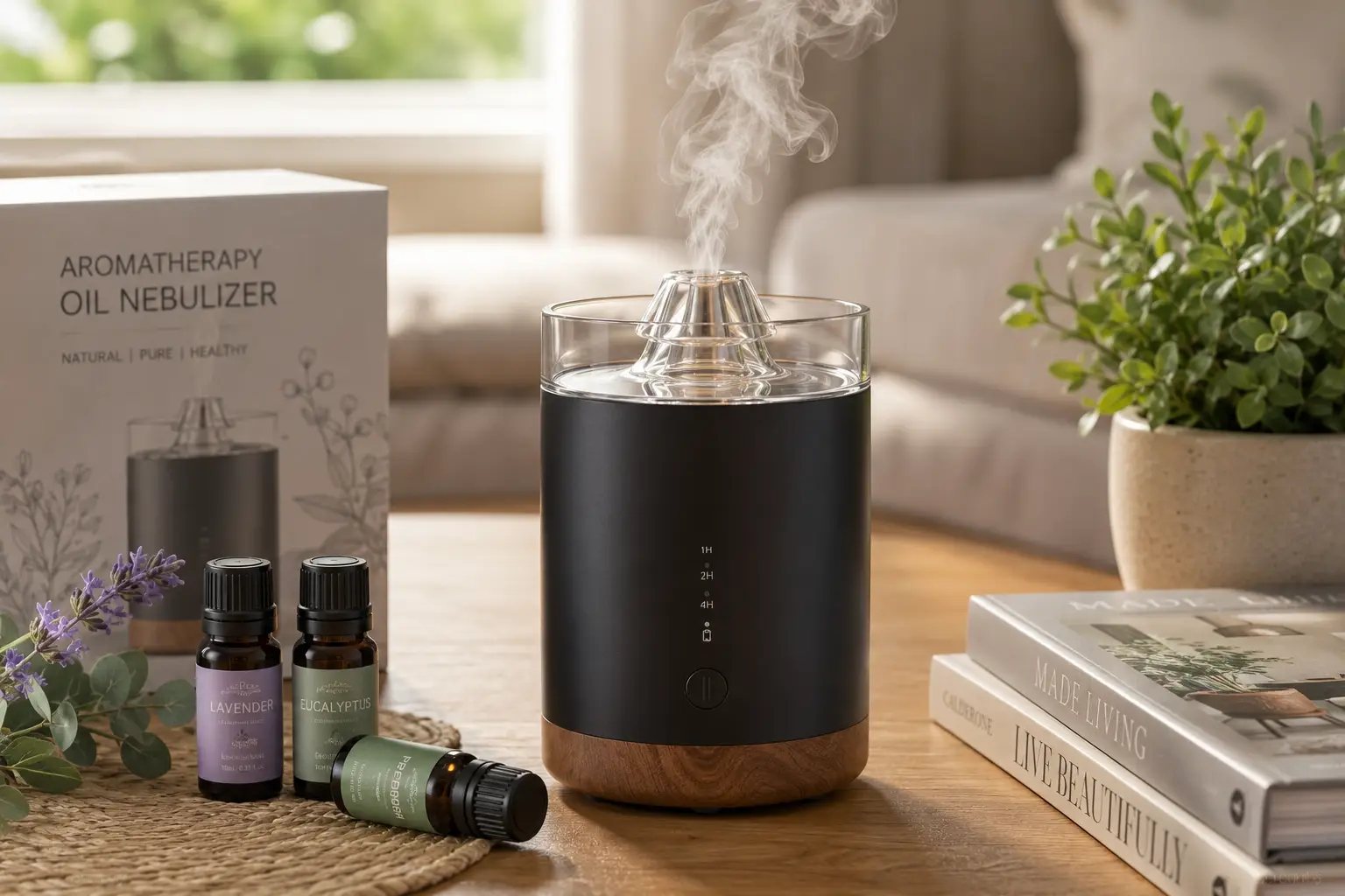 Aromatherapy oil nebulizer diffusing essential oils in a calm, naturally lit home setting