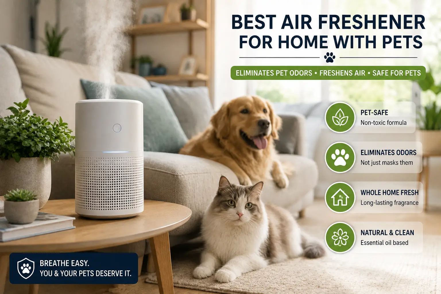 Air freshener for a pet-friendly home with a dog and cat relaxing nearby in a clean living room