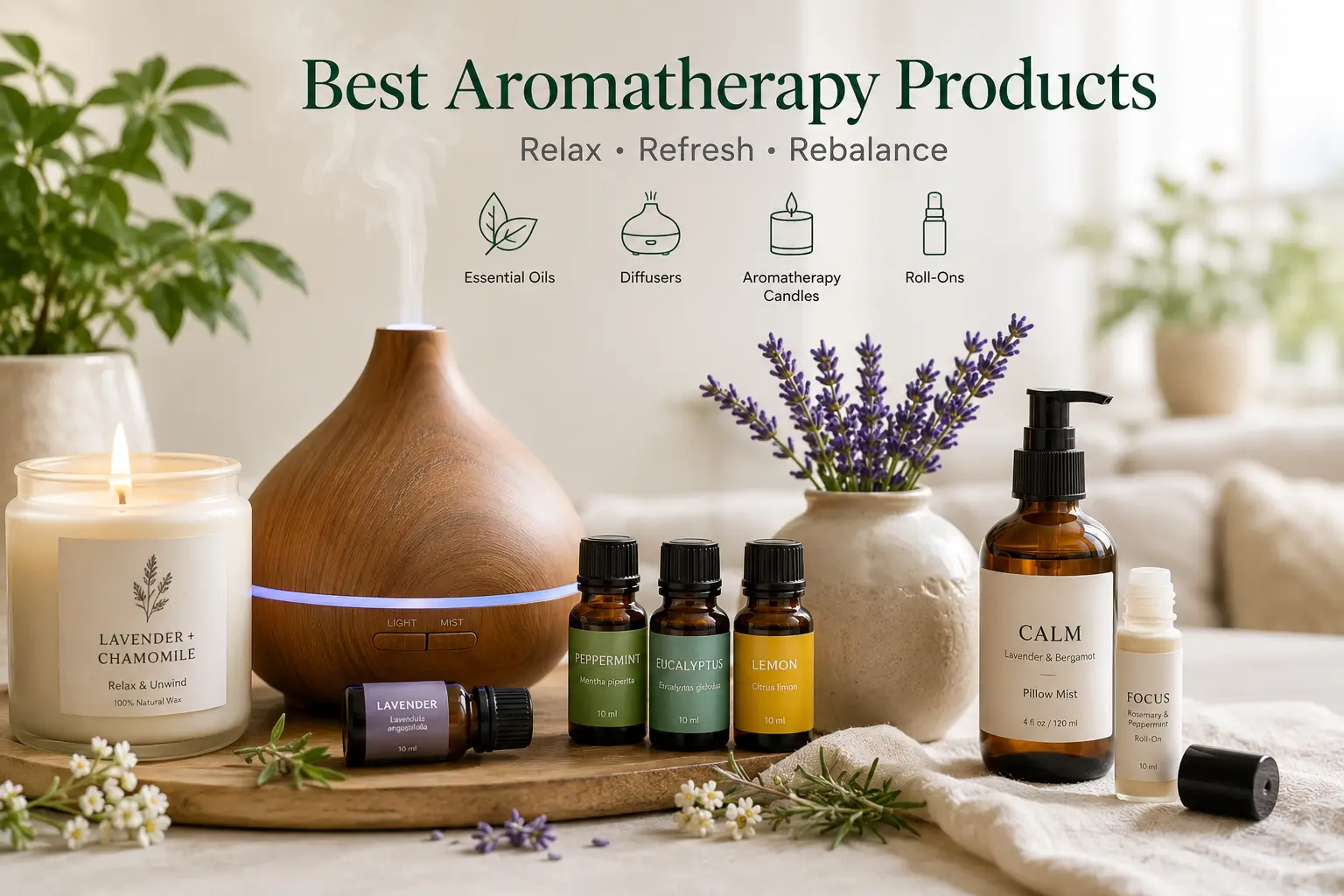 Best aromatherapy products including essential oils, diffuser, lavender, candles, and roll-ons in a relaxing home setting