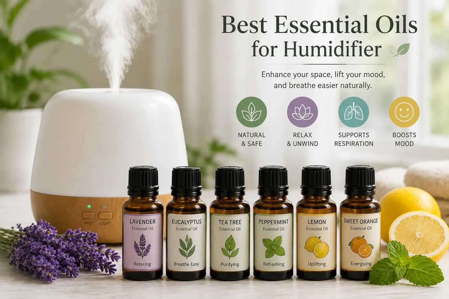 Best essential oils for humidifier displayed beside a misting humidifier with lavender, eucalyptus, peppermint, lemon, and sweet orange oils