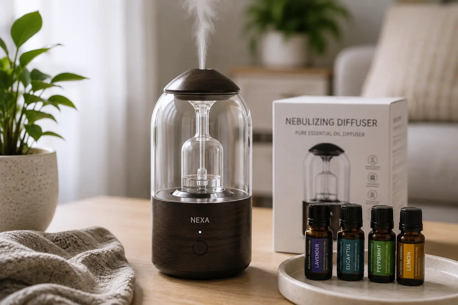 Best nebulizing diffuser with a glass reservoir and essential oil bottles displayed in a softly lit home setting
