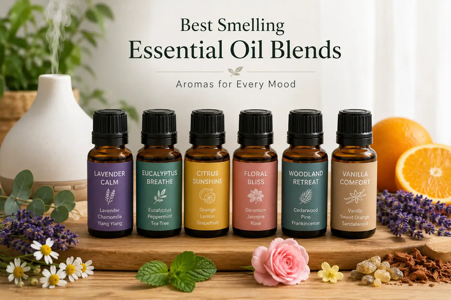 Best smelling essential oil blends with lavender, eucalyptus, citrus, floral, and woody aromas beside a diffuser