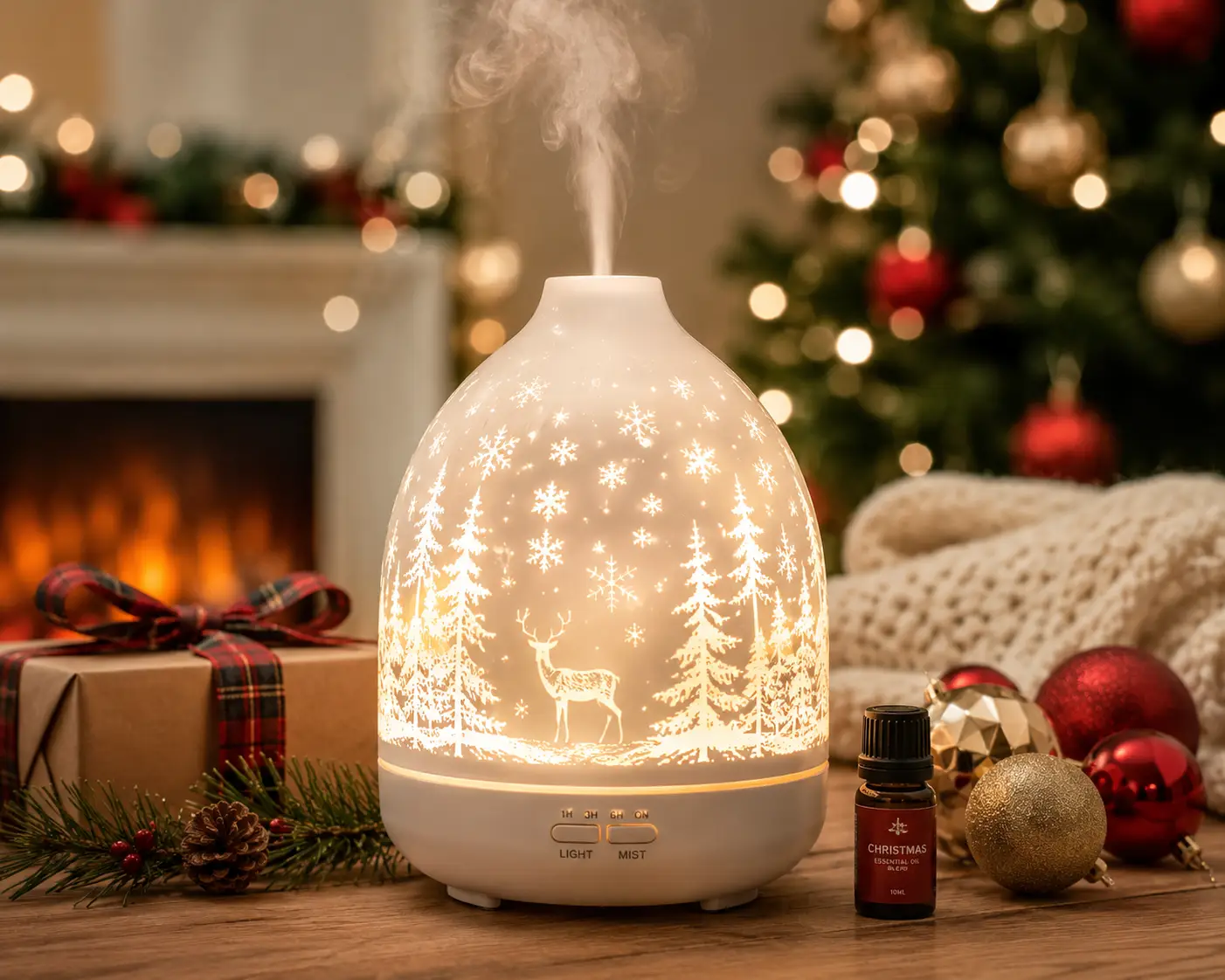 Christmas oil diffuser releasing scented mist beside festive ornaments and a decorated Christmas tree