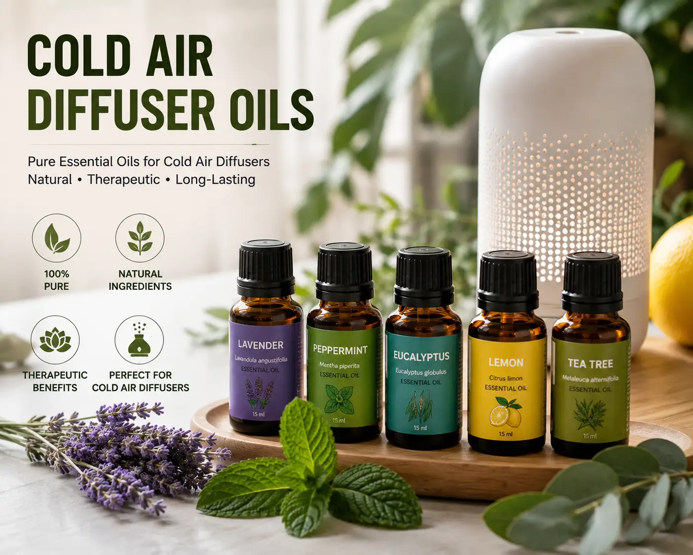 Cold air diffuser oils including lavender, peppermint, eucalyptus, lemon, and tea tree essential oils beside a diffuser