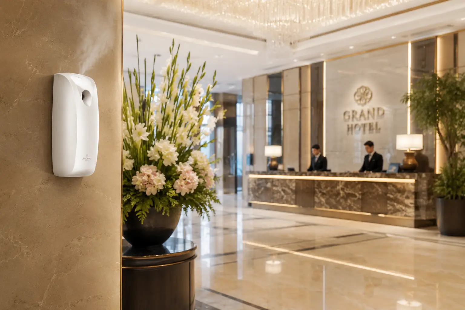 Commercial air freshener for hotel lobby mounted on a wall in an upscale hotel reception area