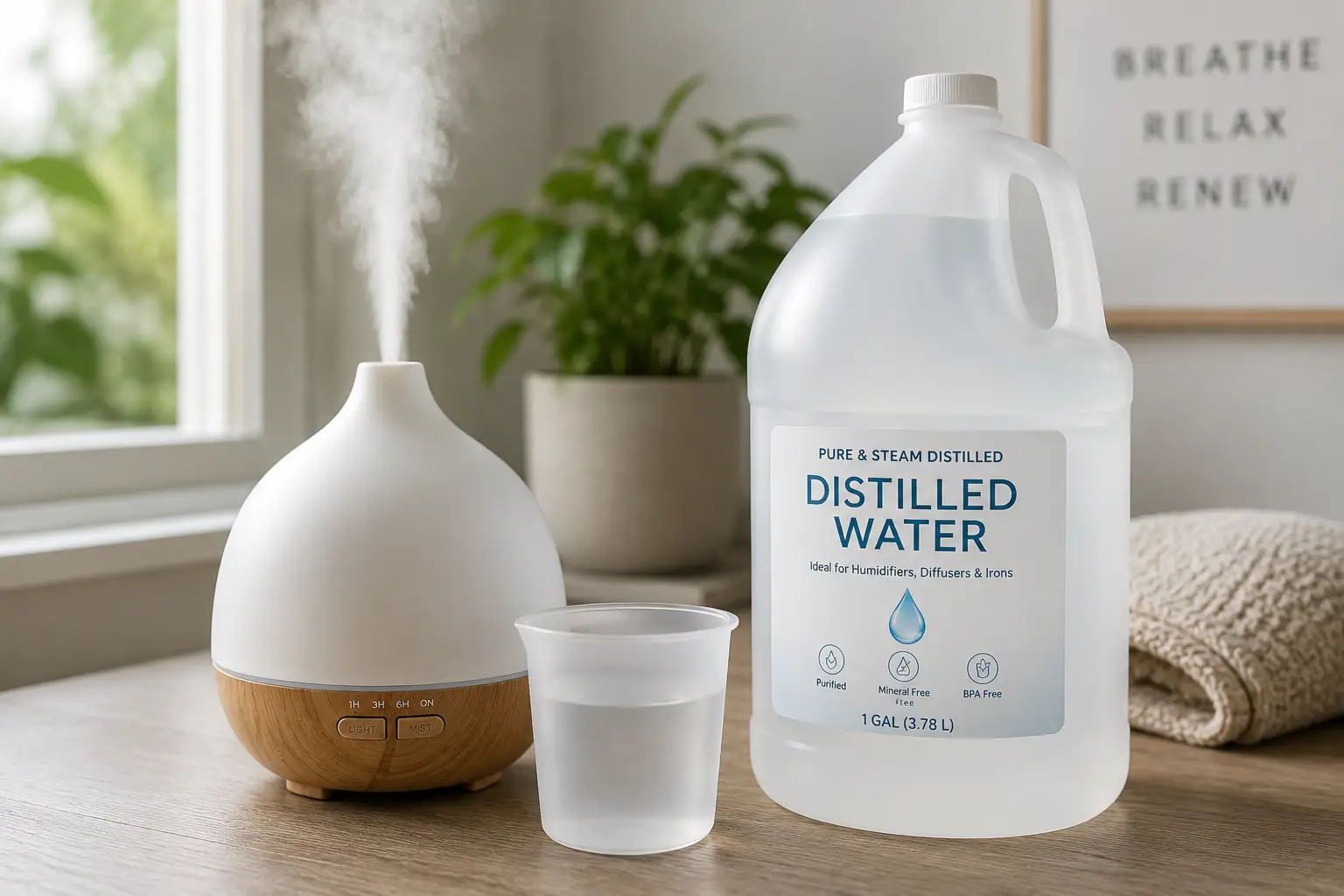 A diffuser using distilled water beside a jug of distilled water for clean and effective aromatherapy mist.