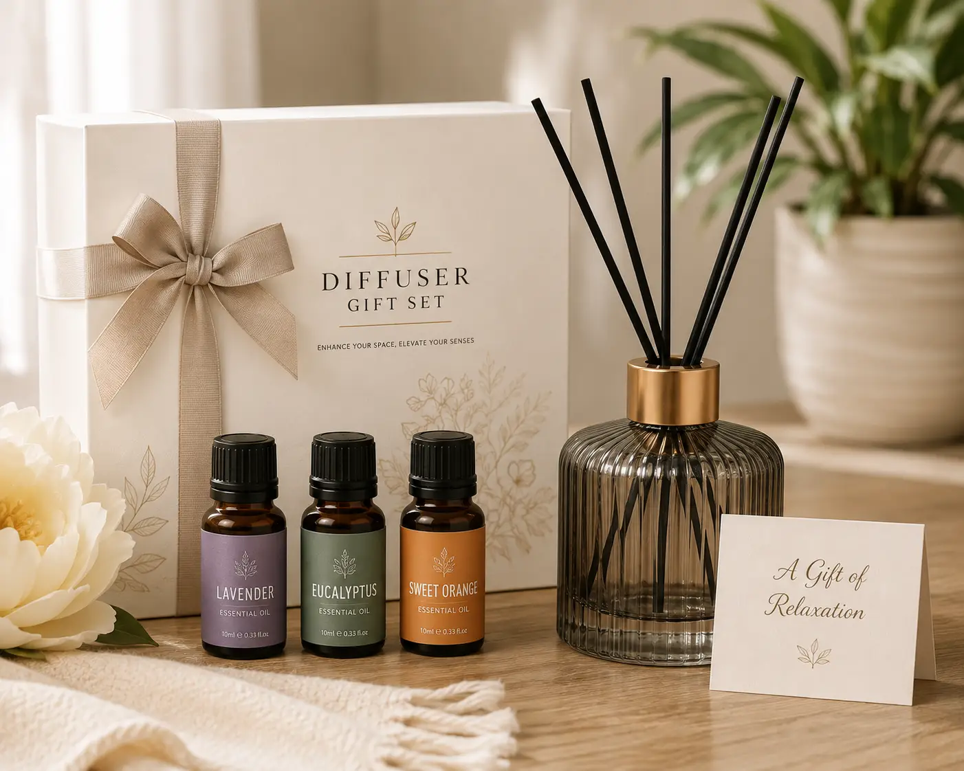 Diffuser gift set with essential oils, reed diffuser, and elegant gift box for a relaxing home atmosphere.