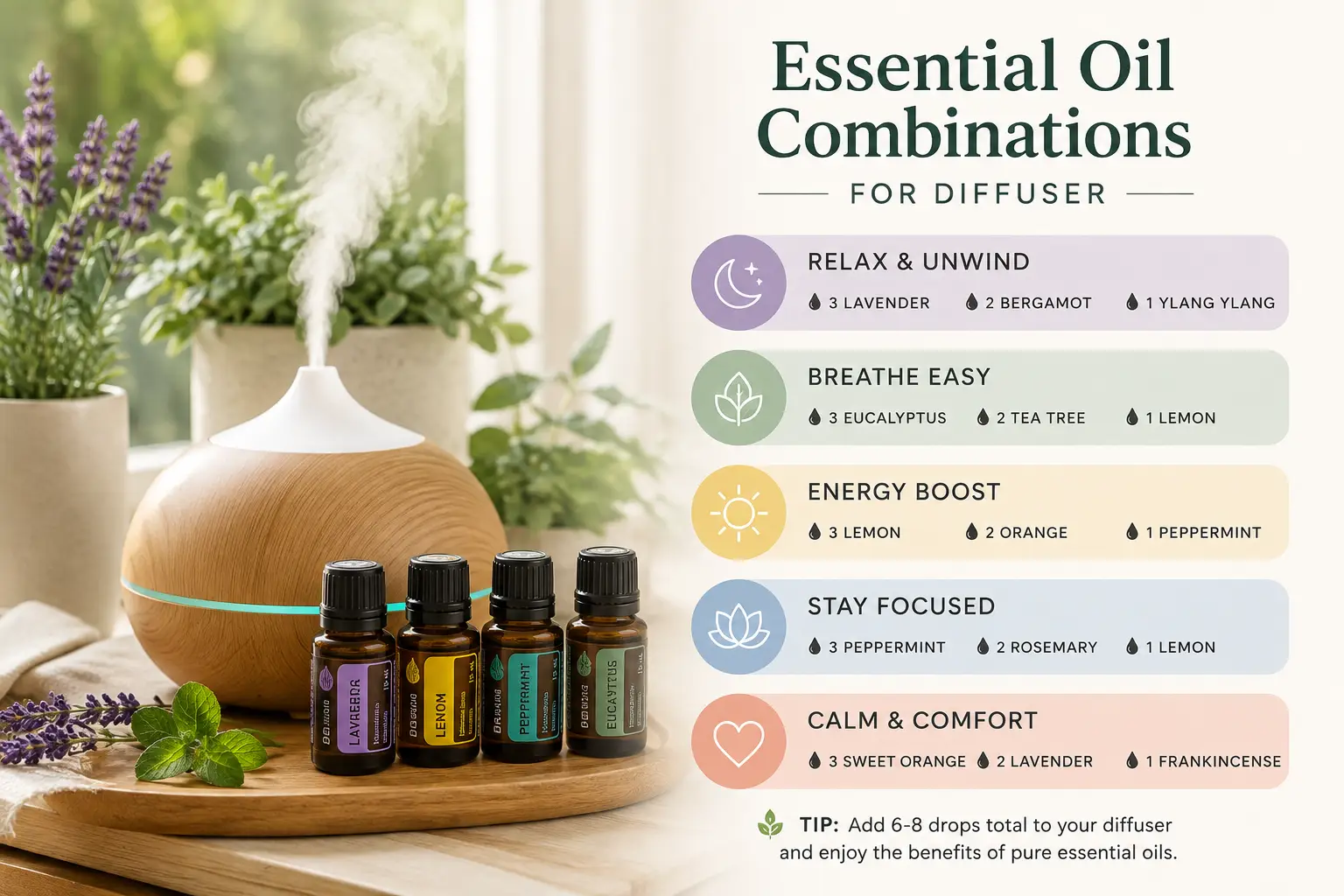 Essential oil combinations for diffuser with lavender, lemon, peppermint, eucalyptus, and orange oils
