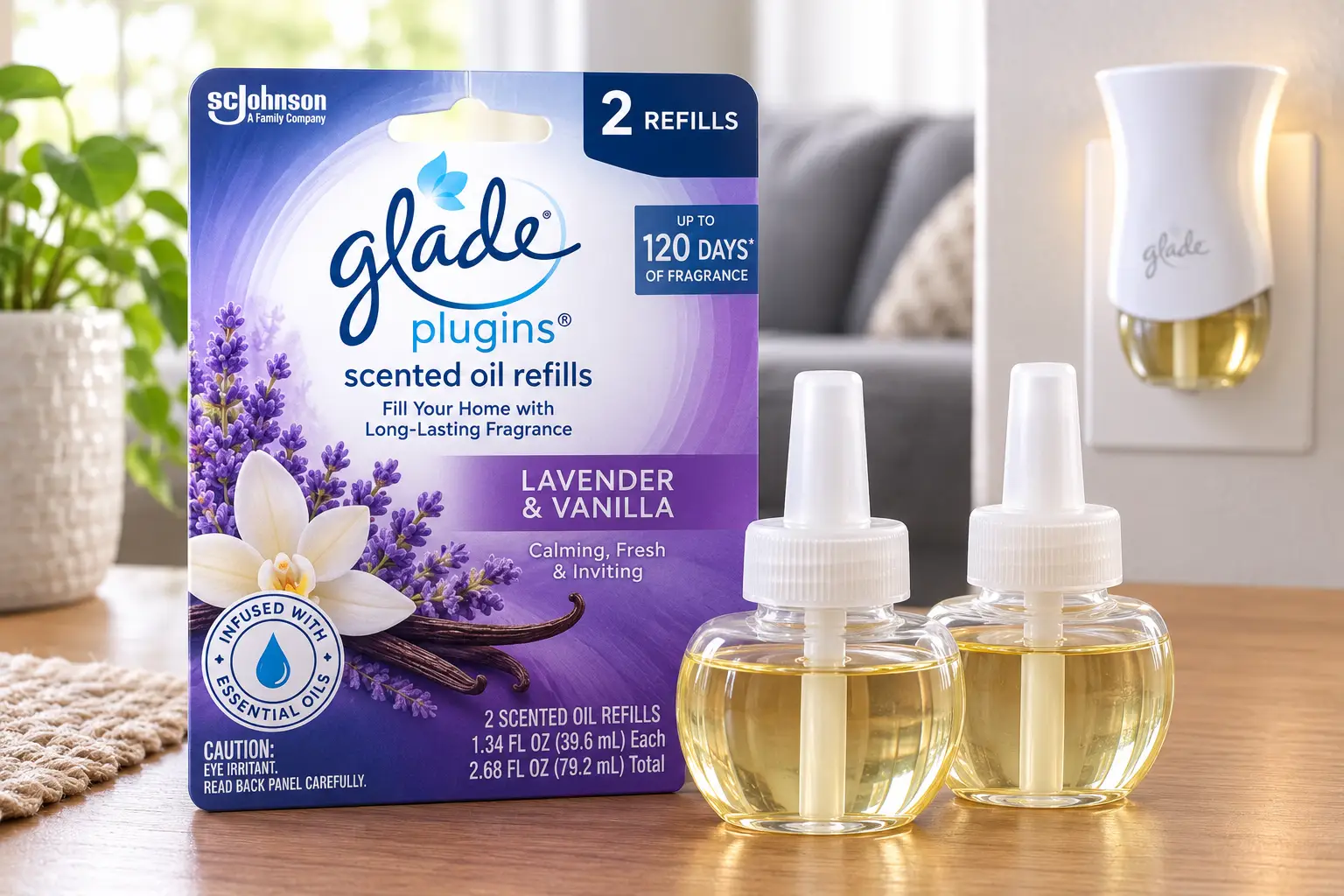 glade plugins scented oil refills with lavender and vanilla fragrance displayed beside a plug-in warmer