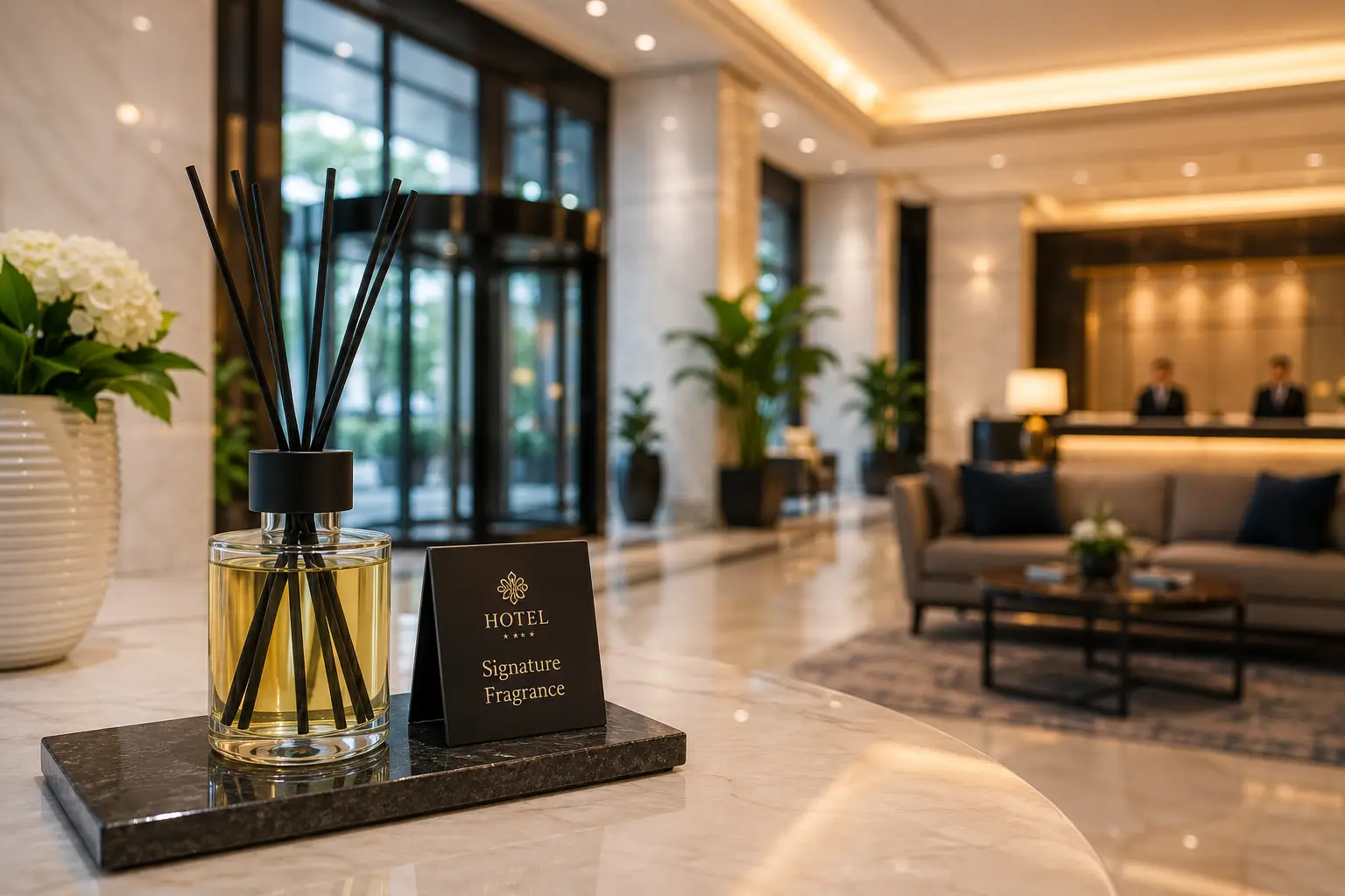 hotel lobby fragrance displayed as a reed diffuser on a marble table in an elegant luxury hotel lobby
