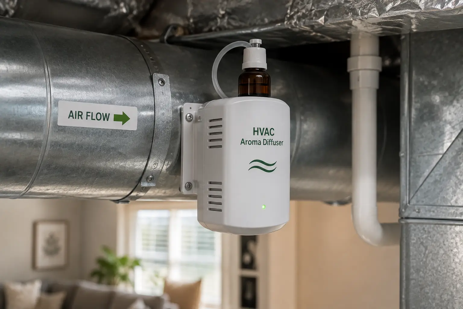 HVAC aroma diffuser installed on an air duct to distribute fragrance throughout a home