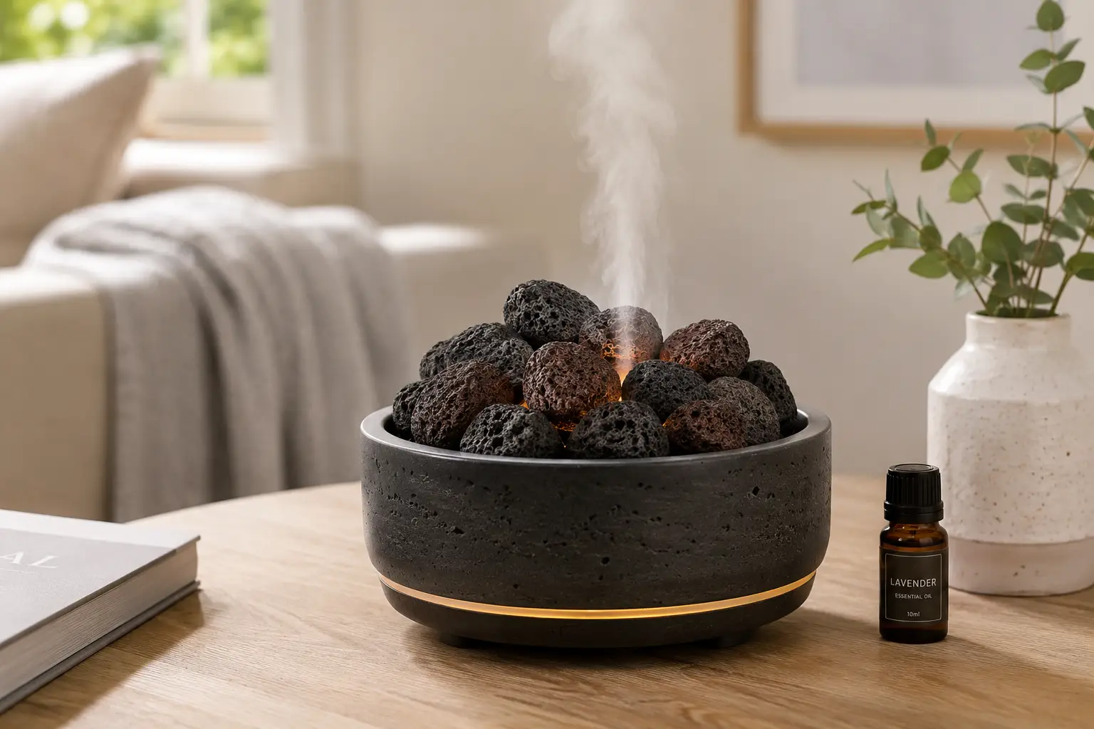 Lava rock diffuser releasing aromatic mist in a cozy modern living room