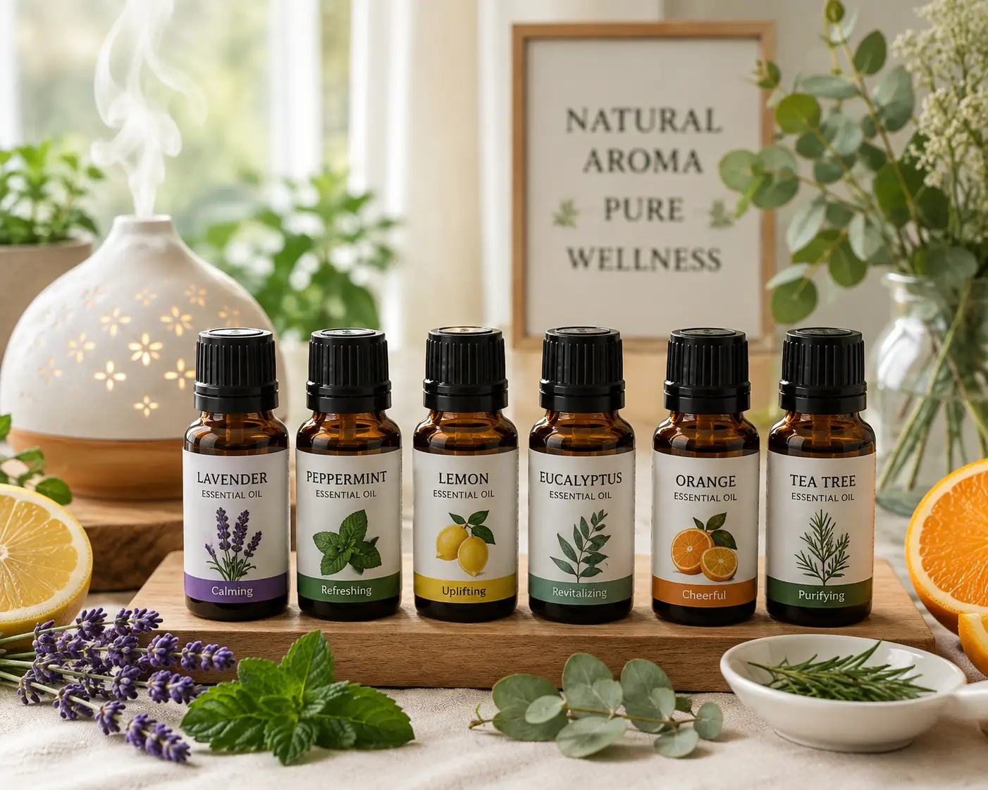Nice smelling essential oils including lavender, peppermint, lemon, eucalyptus, orange, and tea tree in a relaxing aromatherapy setting