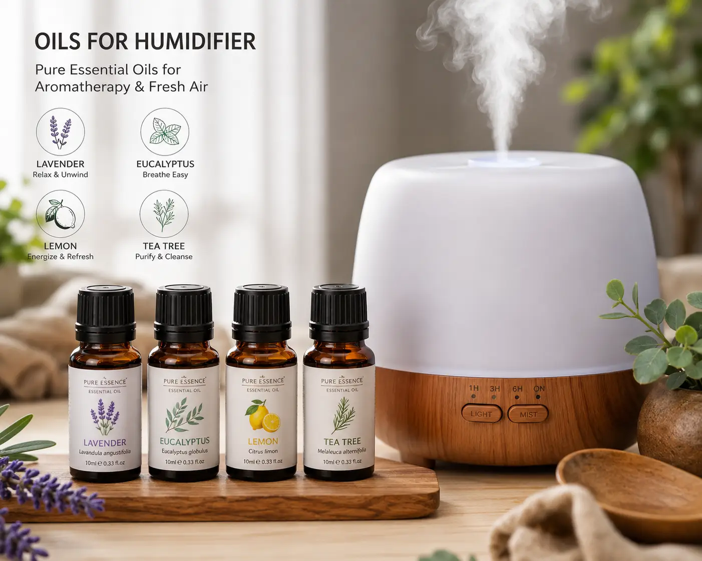 Oils for humidifier including lavender, eucalyptus, lemon, and tea tree essential oils beside a misting diffuser