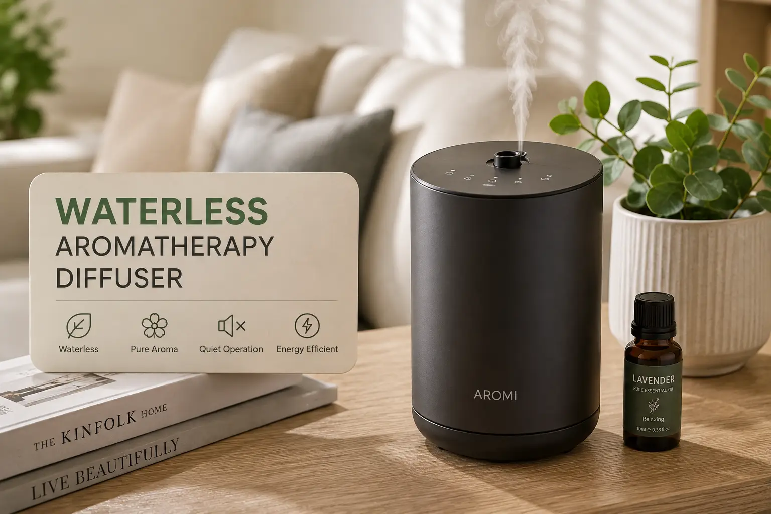 Waterless aromatherapy diffuser releasing a gentle mist beside lavender essential oil in a cozy, naturally lit room.